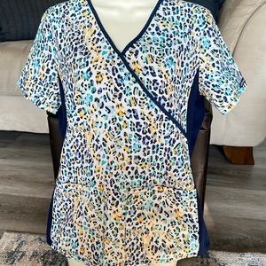 Cherokee size small women scrub, navy with yellow and teal